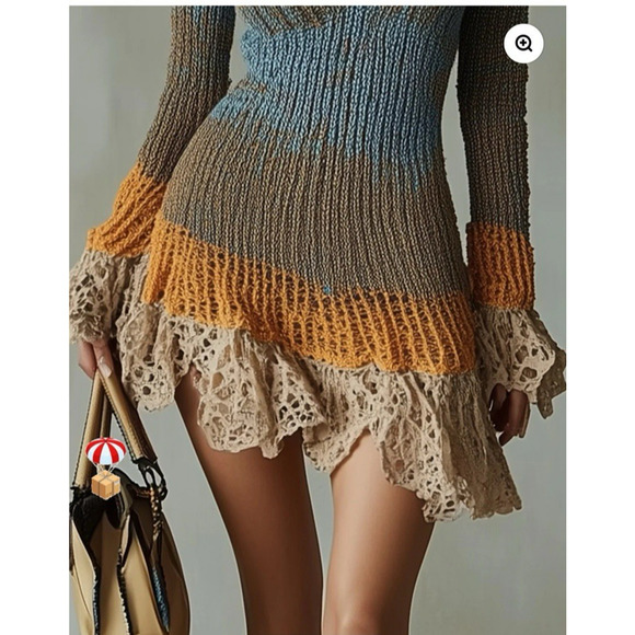 Bohemian Yohers New Colorblock Knit Crochet Ruffle Lace Trim Mini Dress Large - Picture 2 of 15